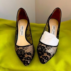 Jimmy Choo low heel black lace heels size 38 / 8.